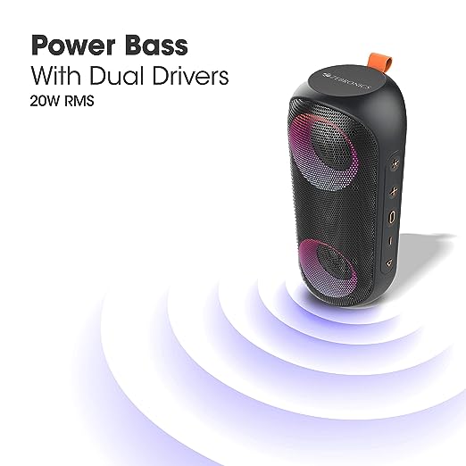 ZEBRONICS Zeb-Music Bomb X Wireless 20W Portable Speaker, 4000 mAh Battery, RGB Lights, IPX7 Water Resistant, Wireless BT/AUX, Type C Charging, Metal Hook (Black) ZEBRONICS Zeb-Music Bomb X Wireless 20W Portable Speaker, 4000 mAh Battery, RGB Lights, IPX7 Water Resistant, Wireless BT/AUX, Type C Charging, Metal Hook (Black)